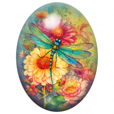 Cabochon en Verre Illustré Libellule Turquoise sur des Fleurs Colorées 13x18, 18x25 ou 30x40mm pour la Création de Bijoux Fantai