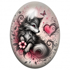 Cabochon en Verre Illustré Renard Noir et Blanc au Cœur Rose 13x18, 18x25 ou 30x40mm pour la Création de Bijoux Fantaisie - DIY