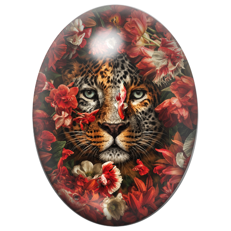 Cabochon en Verre Illustré Léopard parmi les Fleurs Rouges 13x18, 18x25 ou 30x40mm