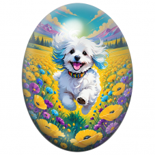 Cabochon en Verre Illustré Petit Chien Blanc Courant dans les Fleurs 13x18, 18x25 ou 30x40mm pour la Création de Bijoux Fantaisi