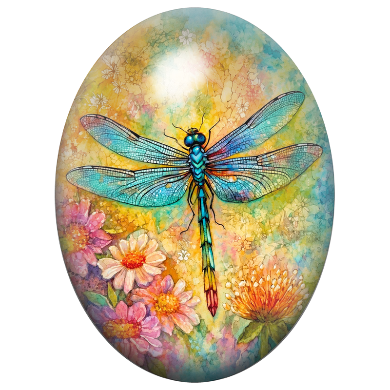 Cabochon en Verre Illustré Libellule Turquoise et Fleurs à l’Aquarelle 13x18, 18x25 ou 30x40mm