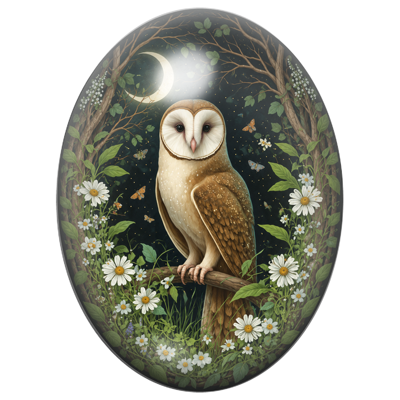 Cabochon en Verre Illustré Effraie sous le Croissant de Lune 13x18, 18x25 ou 30x40mm