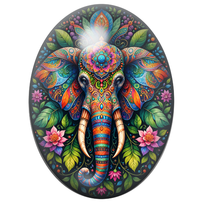 Cabochon en Verre Illustré Éléphant Mandala aux Couleurs Vives 13x18, 18x25 ou 30x40mm