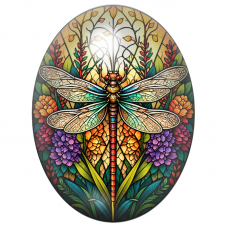 Cabochon en Verre Illustré Libellule Façon Vitrail parmi les Fleurs 13x18, 18x25 ou 30x40mm pour la Création de Bijoux Fantaisie