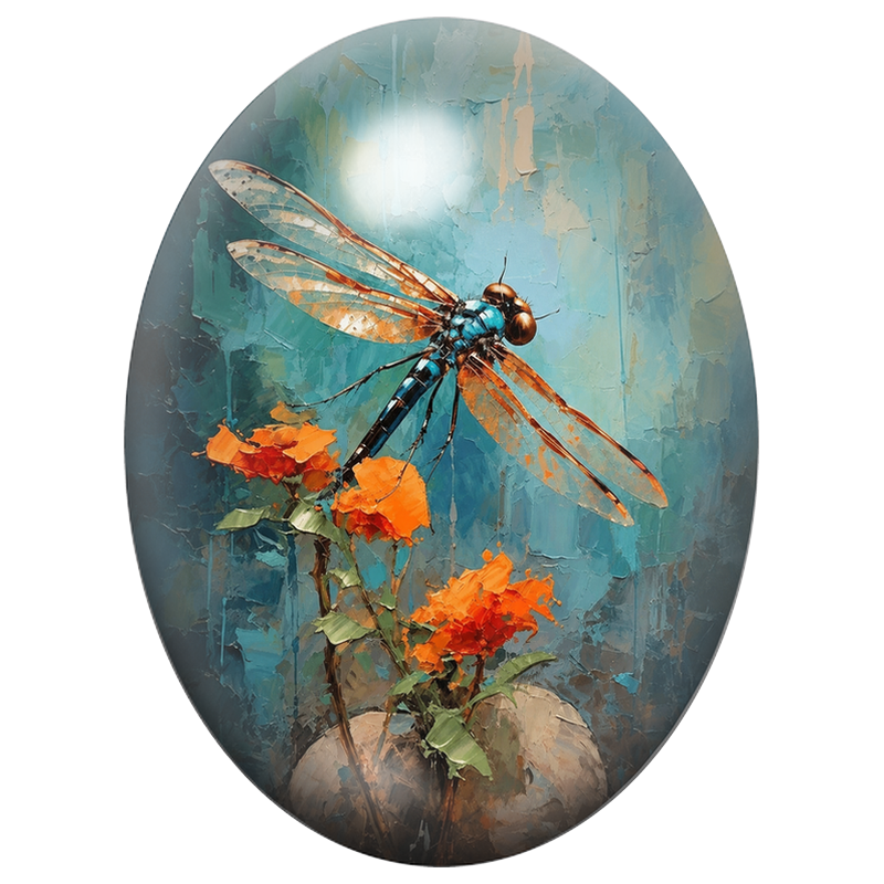 Cabochon en Verre Illustré Libellule Turquoise et Fleurs Orange Peintes au Couteau 13x18, 18x25 ou 30x40mm