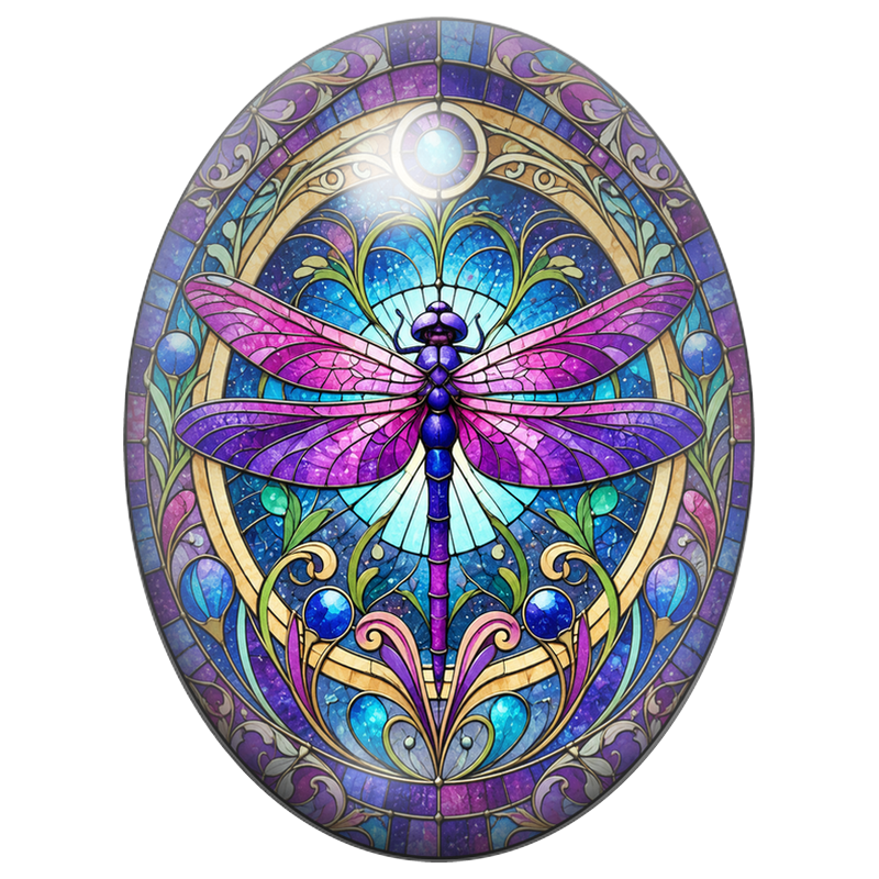Cabochon en Verre Illustré Libellule Violette Façon Vitrail Art Nouveau 13x18, 18x25 ou 30x40mm