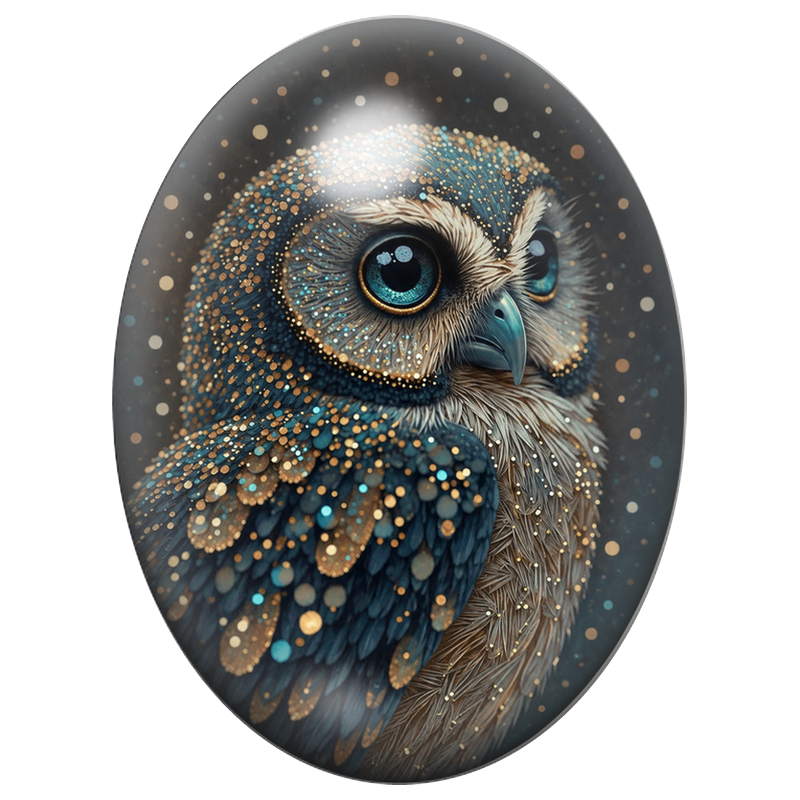 Cabochon en Verre Illustré Chouette Précieuse aux Reflets Turquoise et Or 13x18, 18x25 ou 30x40mm