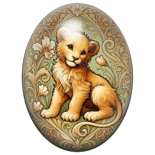 Cabochon en Verre Illustré Lionceau Art Nouveau aux Fleurs Crème 13x18, 18x25 ou 30x40mm pour la Création de Bijoux Fantaisie - 