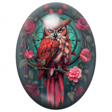 Cabochon en Verre Illustré Hibou Rouge aux Roses et Plumes Bohèmes 13x18, 18x25 ou 30x40mm pour la Création de Bijoux Fantaisie 