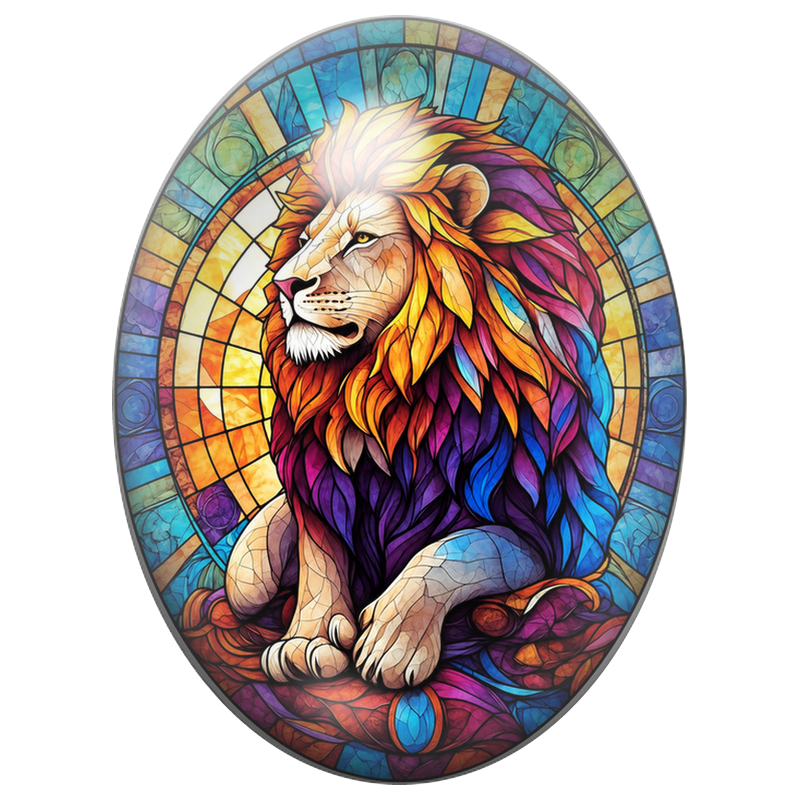 Cabochon en Verre Illustré Lion Multicolore Façon Vitrail 13x18, 18x25 ou 30x40mm