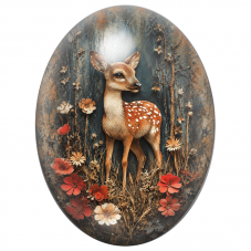 Cabochon en Verre Illustré Faon dans un Jardin aux Fleurs Rouges 13x18, 18x25 ou 30x40mm pour la Création de Bijoux Fantaisie - 