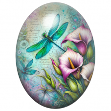 Cabochon en Verre Illustré Libellules et Arums Roses au Style Vintage 13x18, 18x25 ou 30x40mm pour la Création de Bijoux Fantais