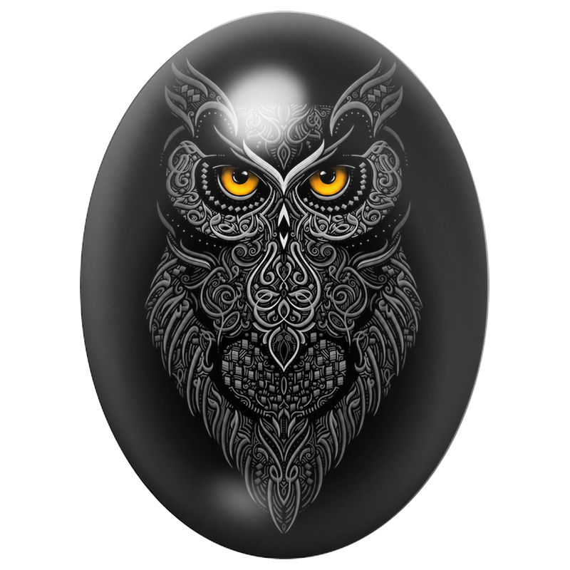 Cabochon en Verre Illustré Hibou Noir Ornemental aux Yeux Dorés 13x18, 18x25 ou 30x40mm