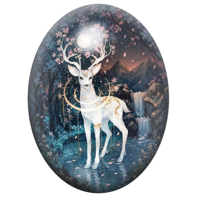 Cabochon en Verre Illustré Cerf Blanc sous la Lune et les Fleurs 13x18, 18x25 ou 30x40mm