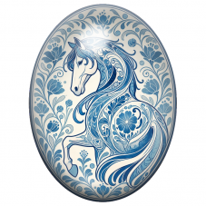Cabochon en Verre Illustré Cheval Bleu aux Arabesques de Porcelaine 13x18, 18x25 ou 30x40mm pour la Création de Bijoux Fantaisie