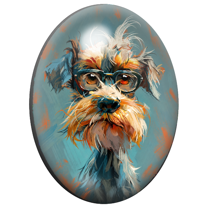 Cabochon en Verre Illustré Schnauzer à Lunettes Peint en Couleurs 13x18, 18x25 ou 30x40mm