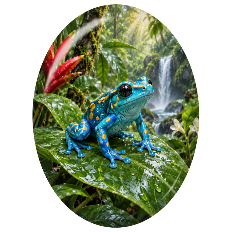 Cabochon en Verre Illustré Grenouille Bleue près d’une Cascade 13x18, 18x25 ou 30x40mm