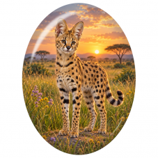Cabochon en Verre Illustré Serval dans la Savane au Crépuscule 13x18, 18x25 ou 30x40mm pour la Création de Bijoux Fantaisie - DI