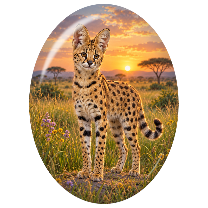 Cabochon en Verre Illustré Serval dans la Savane au Crépuscule 13x18, 18x25 ou 30x40mm