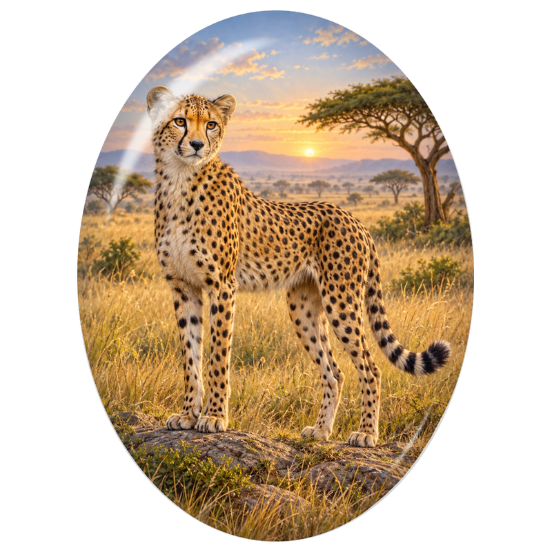 Cabochon en Verre Illustré Guépard sur un Rocher dans la Savane 13x18, 18x25 ou 30x40mm