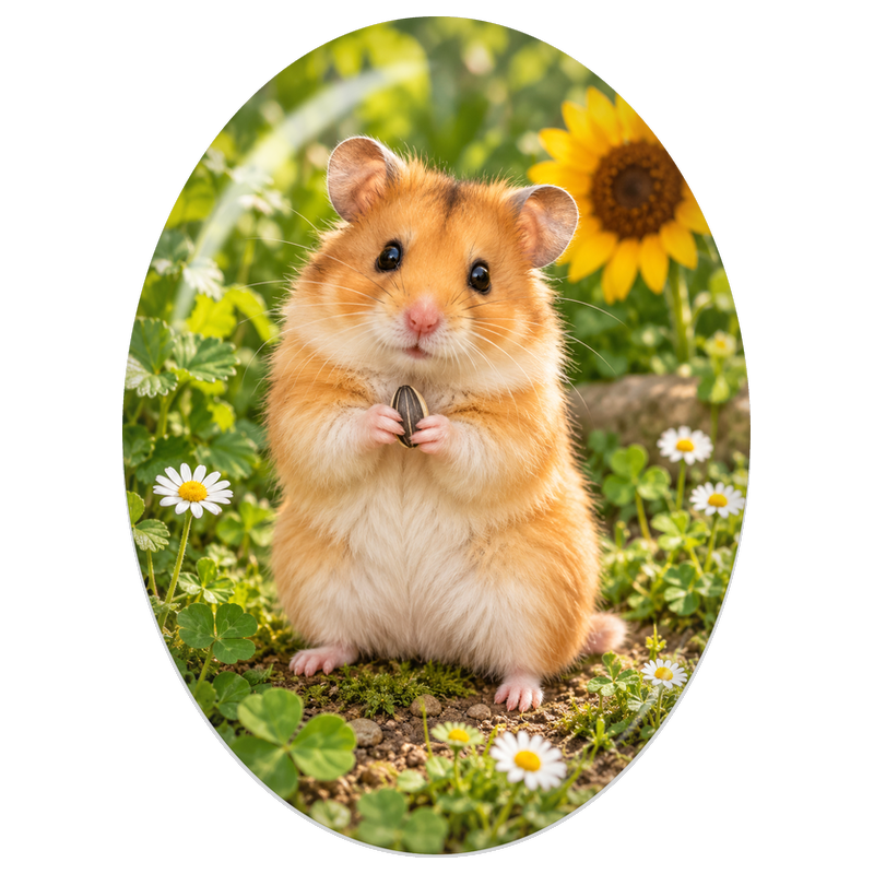 Cabochon en Verre Illustré Hamster Doré aux Graines de Tournesol 13x18, 18x25 ou 30x40mm