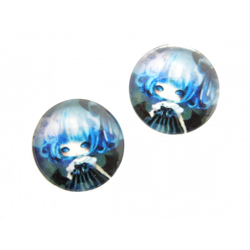 2 Cabochons en Verre Illustrés Petite Fille Gothique 12mm