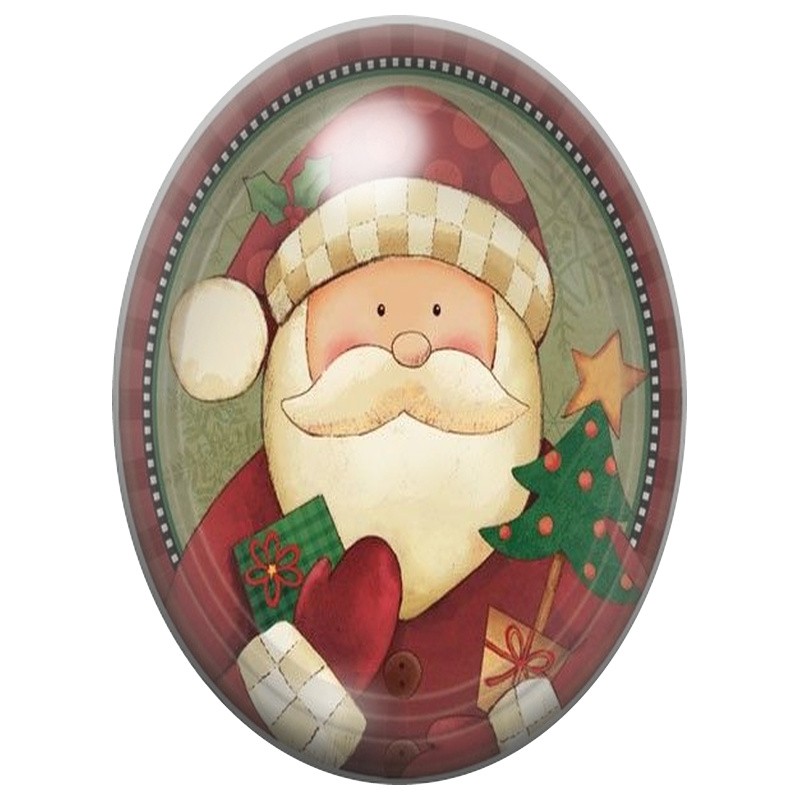 Cabochon en Verre Illustré Père Noël au Cadeau Vert 13x18, 18x25 ou 30x40mm