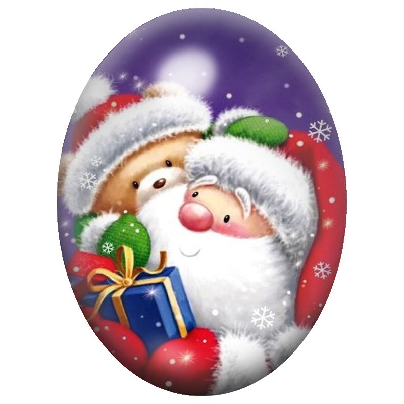 Cabochon en Verre Illustré Père Noël avec Ourson et Cadeau 13x18, 18x25 ou 30x40mm