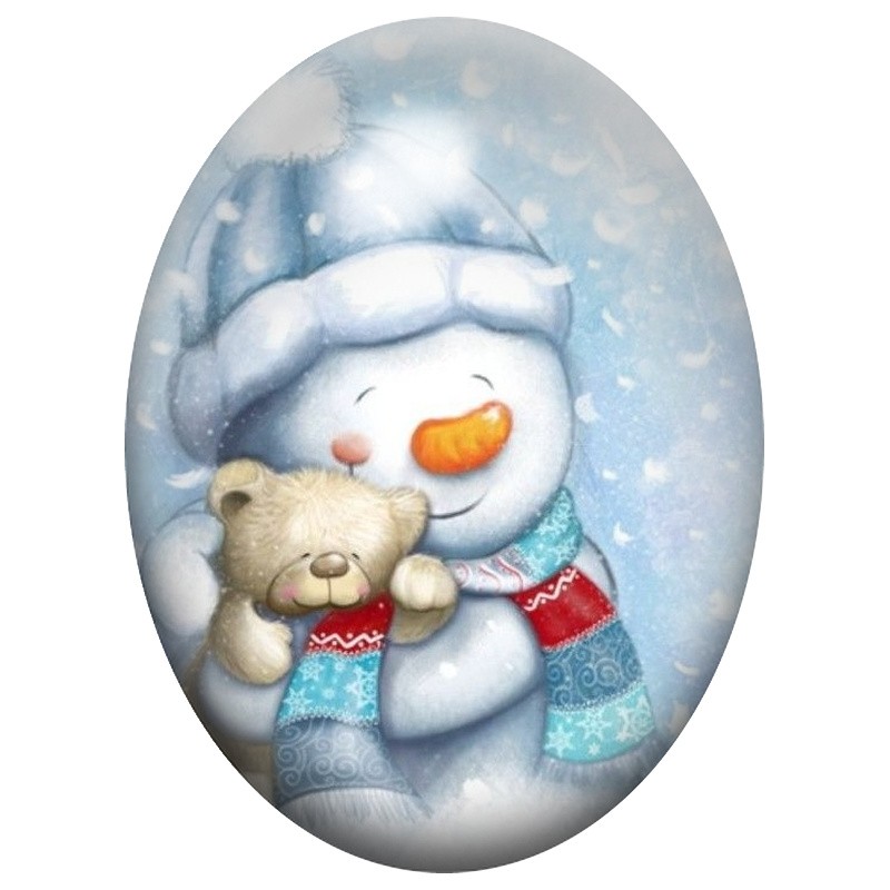 Cabochon en Verre Illustré Bonhomme de Neige au Doudou 13x18, 18x25 ou 30x40mm