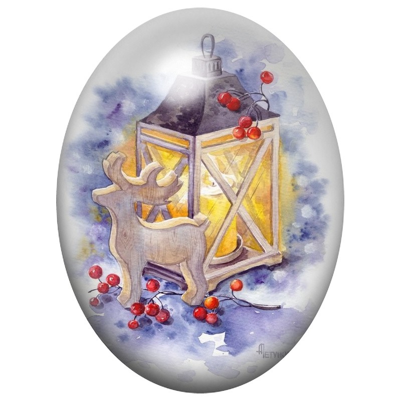 Cabochon en Verre Illustré Lanterne de Noël aux Oiseaux 13x18, 18x25 ou 30x40mm