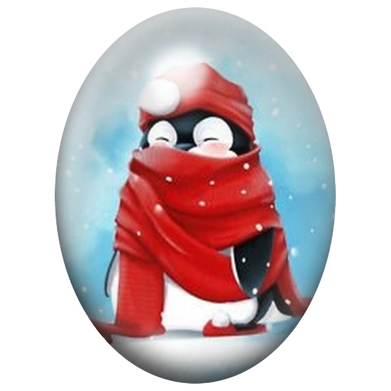 Cabochon en Verre Illustré Pingouin au Grand Cache-Nez Rouge 13x18, 18x25 ou 30x40mm