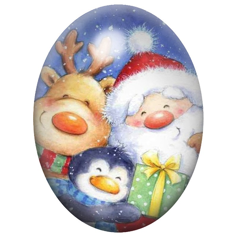 Cabochon en Verre Illustré Père Noël avec Rudolph et Pingouin 13x18, 18x25 ou 30x40mm