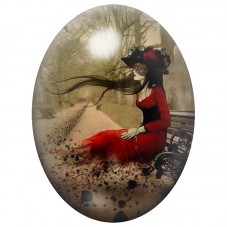 Cabochon en Verre Illustré Femme en Rouge aux Cheveux Noirs 13x18, 18x25 ou 30x40mm pour la Création de Bijoux Fantaisie - DIY