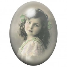 Cabochon en Verre Illustré Petite Fille Vintage au Ruban Vert 13x18, 18x25 ou 30x40mm pour la Création de Bijoux Fantaisie - DIY