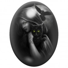 Cabochon en Verre Illustré Femme Gothique au Chat Noir 13x18, 18x25 ou 30x40mm pour la Création de Bijoux Fantaisie - DIY