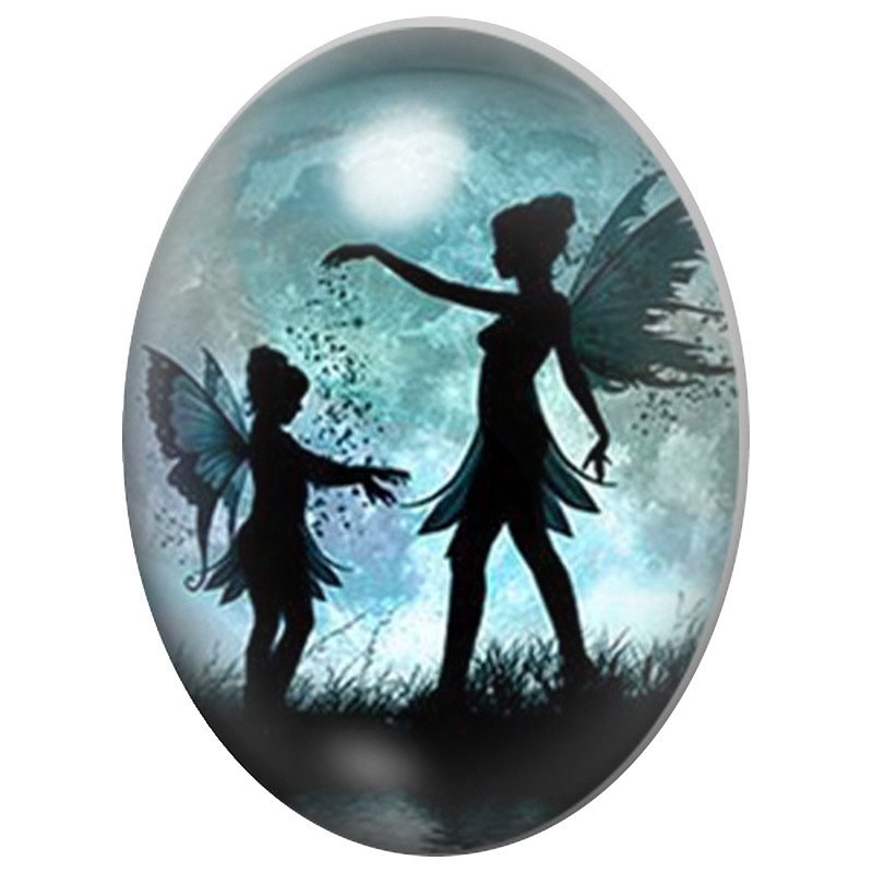 Cabochon en Verre Illustré Fées sous la Pleine Lune 13x18, 18x25 ou 30x40mm