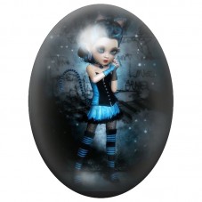 Cabochon en Verre Illustré Petite Fille Gothique en Bleu 13x18, 18x25 ou 30x40mm pour la Création de Bijoux Fantaisie - DIY