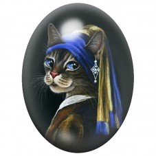 Cabochon en Verre Illustré Chat à la Perle Bleue 13x18, 18x25 ou 30x40mm pour la Création de Bijoux Fantaisie - DIY