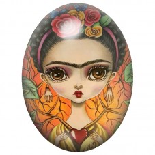 Cabochon en Verre Illustré Frida Kahlo aux Feuilles Orange 13x18, 18x25 ou 30x40mm pour la Création de Bijoux Fantaisie - DIY