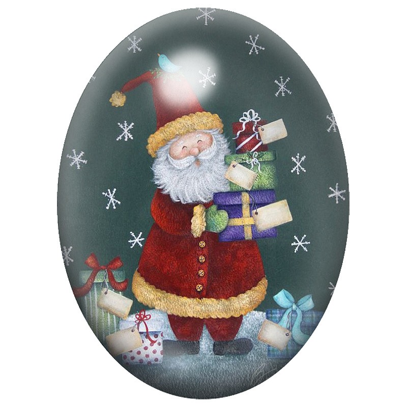 Cabochon en Verre Illustré Père Noël aux Cadeaux Colorés 13x18, 18x25 ou 30x40mm