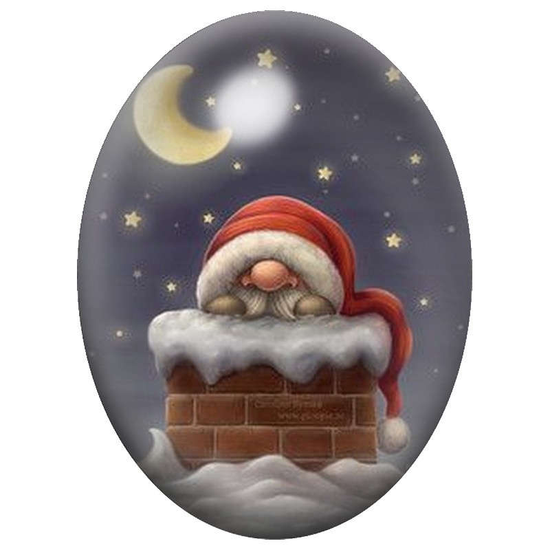 Cabochon en Verre Illustré Lutin dans la Cheminée sous la Lune 13x18, 18x25 ou 30x40mm