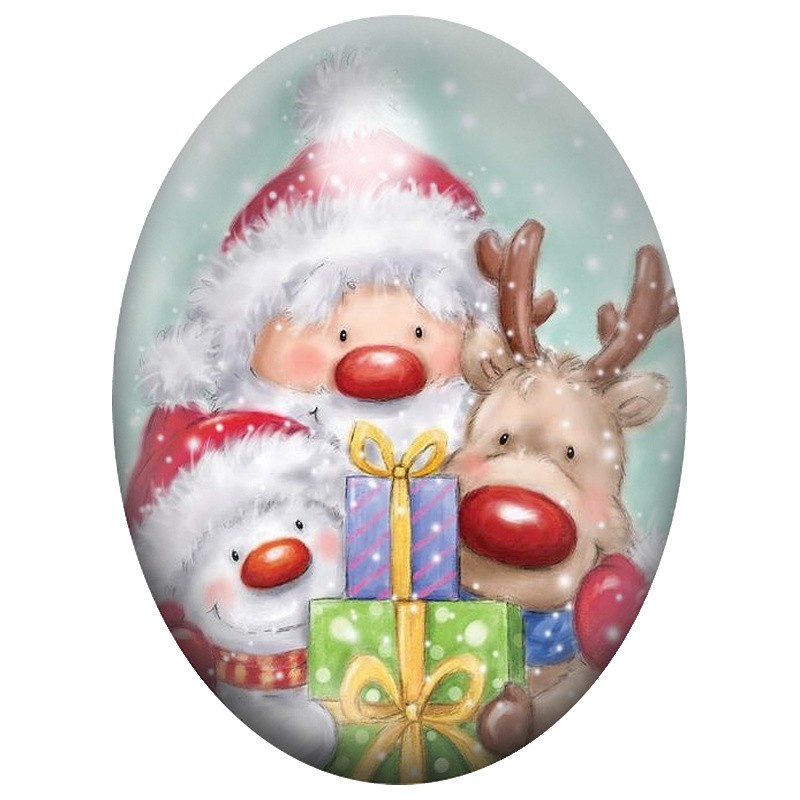 Cabochon en Verre Illustré Père Noël et Renne aux Cadeaux 13x18, 18x25 ou 30x40mm