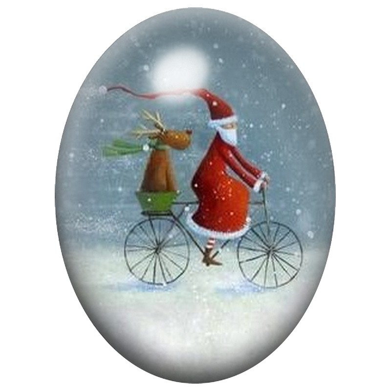 Cabochon en Verre Illustré Père Noël et Renne à Vélo 13x18, 18x25 ou 30x40mm