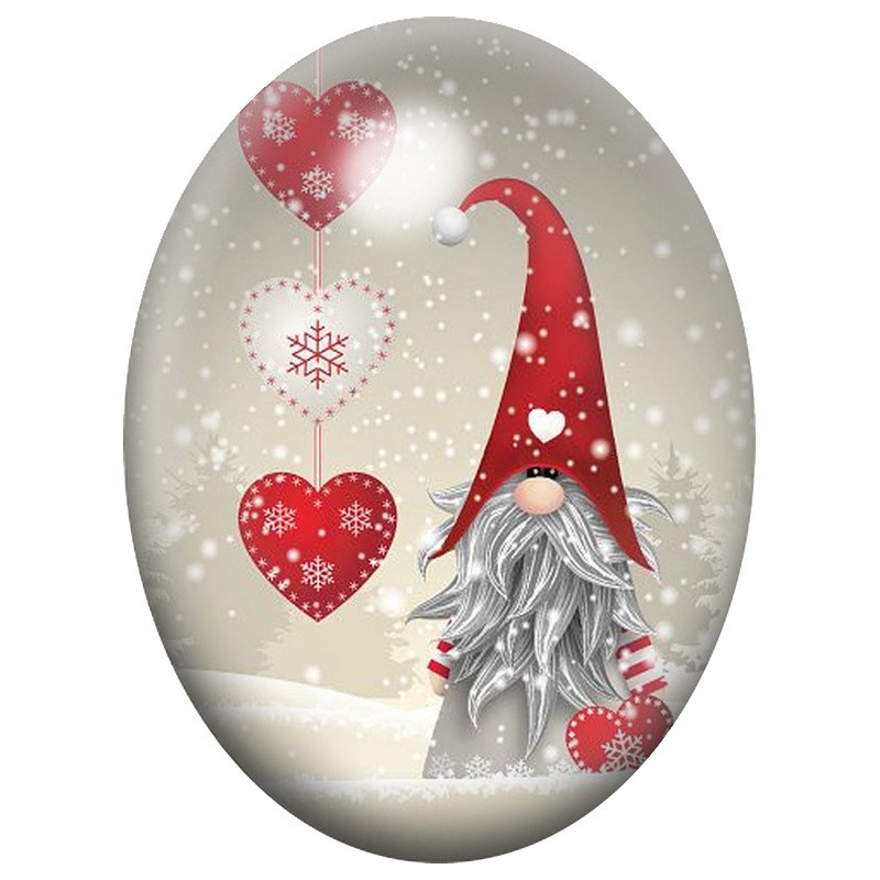 Cabochon en Verre Illustré Lutin de Noël aux Cœurs Rouges 13x18, 18x25 ou 30x40mm