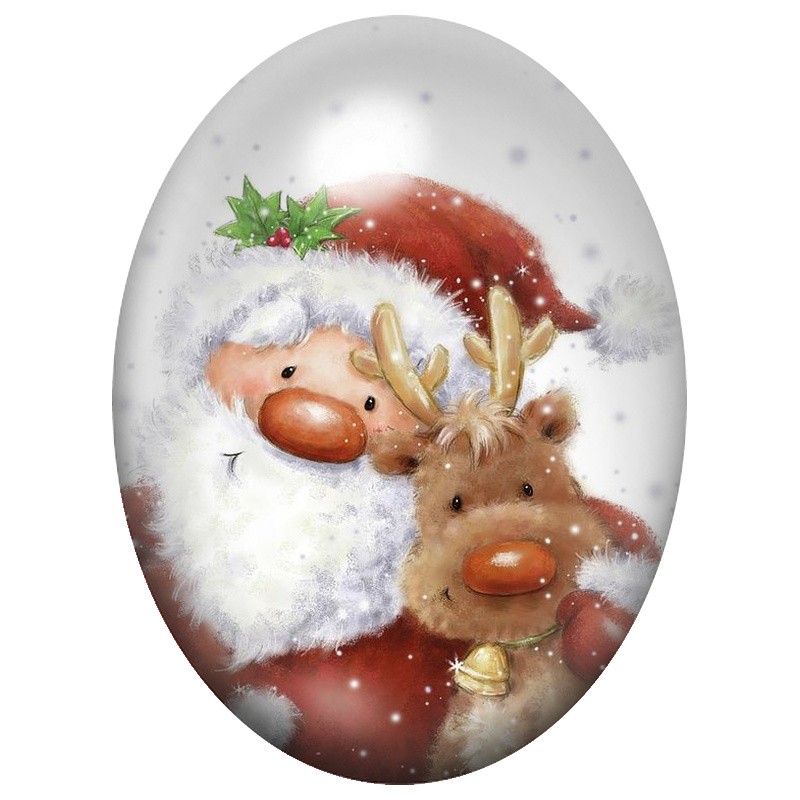 Cabochon en Verre Illustré Père Noël et Renne au Nez Rouge 13x18, 18x25 ou 30x40mm