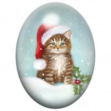 Cabochon en Verre Illustré Chaton au Bonnet de Noël dans la Neige 13x18, 18x25 ou 30x40mm pour la Création de Bijoux Fantaisie -