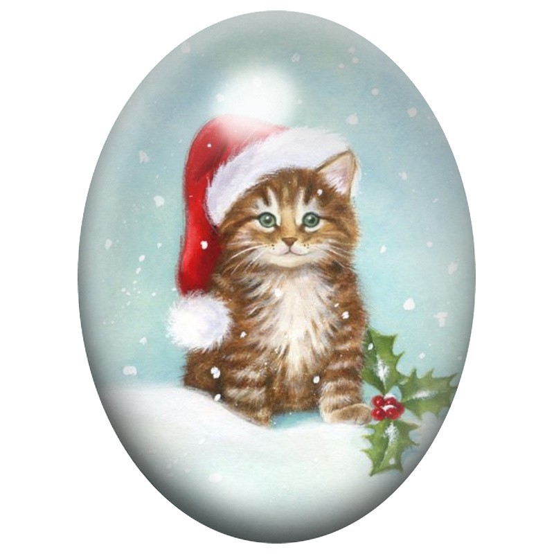 Cabochon en Verre Illustré Chaton au Bonnet de Noël dans la Neige 13x18, 18x25 ou 30x40mm