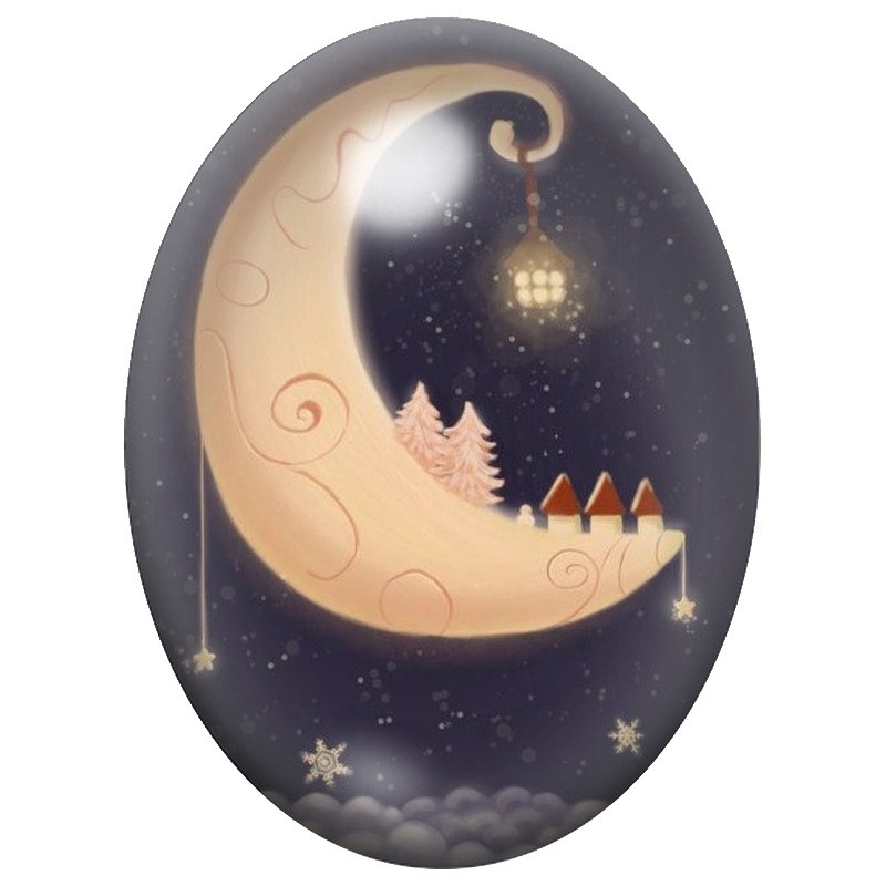 Cabochon en Verre Illustré Chat dans un Croissant de Lune 13x18, 18x25 ou 30x40mm