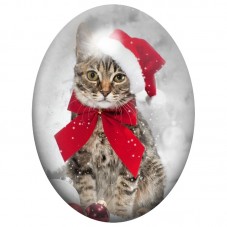 Cabochon en Verre Illustré Chat de Noël au Grand Nœud Rouge 13x18, 18x25 ou 30x40mm pour la Création de Bijoux Fantaisie - DIY
