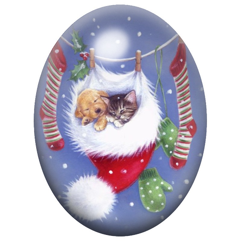 Cabochon en Verre Illustré Chat Endormi dans une Chaussette 13x18, 18x25 ou 30x40mm
